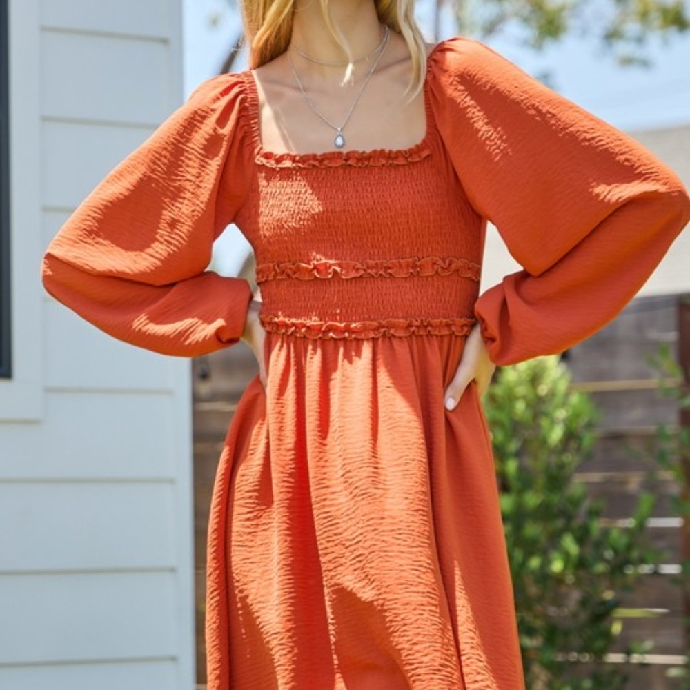 Oddi Elegant Burnt Orange Plus Size Smocked Dress
